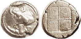 AKANTHOS, Tetrobol, c.470-390 BC, Forepart of bull kneel-ing, acanthus branch ab...