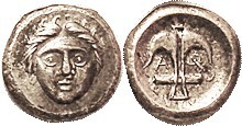 APOLLONIA PONTIKA, Diobol, 400-350 BC; Apollo hd facg/Anchor, S1657; COPY, struck in silver, EF+, nicely toned, good workmanship.