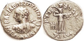 Menander, 160-145 BC, Drachm, Heroic bust l, hurling spear/Athena stg r; S7601; ...