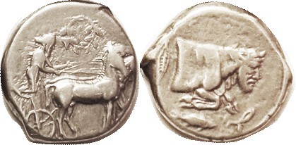 GELA, Tet, 430-425 BC, Quadriga rt, wreath above/ Forepart of man-headed bull rt...