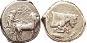 GELA, Tet, 430-425 BC, Quadriga rt, wreath above/ Forepart of man-headed bull rt, fish & knotted fillet below, leaf behind; AVF, nrly centered, only h...