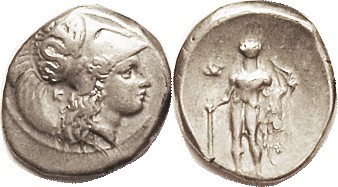 HERAKLEIA, Ar Nomos, 370-281 BC, Athena hd rt, Skylla on helmet, K behind/ Herak...