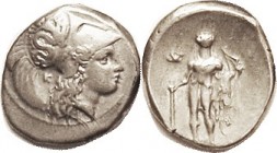 HERAKLEIA, Ar Nomos, 370-281 BC, Athena hd rt, Skylla on helmet, K behind/ Herakles stg w/club, bow & lion skin; VF, obv centered sl high but head com...