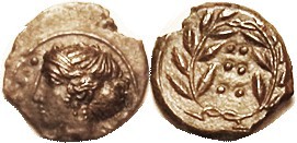 HIMERA, Æ16 (Hemilitron), 420-408 BC, Nymph hd l./6 pellets in wreath, S1110; EF...