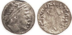 Himyarite?? Mystery coin, 15 mm Ar, diademed head r/stg figure, lgnd around. F, sl cupped fabric, medium tone. Lgnd mostly legible. Barbarous?? You fi...