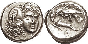 ISTROS, Stater or Drachm, 400-350 BC, Two facg hds, left inverted/Eagle atop dol...