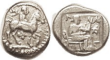 LARISSA, Trihemiobol, 460-440 BC, horseman r, lion head below/Nymph Larissa std ...