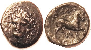 Æ21x23, 4th cent BC, Nymph head 3/4 left/horse prancing rt, grain ear below; AVF...