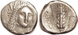 METAPONTUM, Stater, 330-300 BC, Demeter head Facing sl rt/ grain ear, as S417 (£...