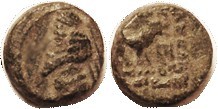 Phraates IV, Æ12 Chalkos, 51.51, Rev Lion rt, monogram; AVF/F, rev off-ctr, gree...