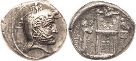 PERSIS, Autophradates (Vadfradad) II, 2nd cent BC, Tet, Head r wearing kyrbasia & diadem/ Fire temple betw king & standard, above half-figure of Ahura...