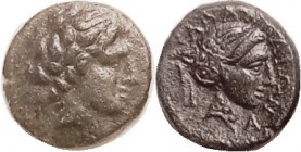 PHALANNA, Æ17, c.350 BC, Youthful male hd r/Female head in sakkos r, S2180; Nice VF, centered, glossy dark brownish-green patina, rev particularly goo...