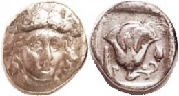 Hemidrachm, 340-326 BC, Helios hd facg sl rt/Rose in incuse square, club in left field, no magistrate, SNG Cop 740; RARE variety without name; F+, nrl...