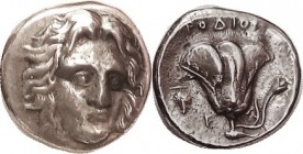 Didrachm, c.340 BC, Helios head facg sl rt/Rose, grape bunch & E; VF, well centered, extremely slight metal flaws, decent face. (Same variety, GVF, br...