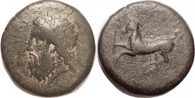 Timoleon, 344-336 BC, Æ27 (Litra), Zeus head l./horse prancing l, S1191; F+, well centered, dark green patina with sl hilighting, minor porosity mainl...
