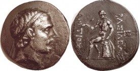 Antiochos III, the Great, 223-187 BC, Tet, Head r/Apollo std on omphalos, monogram at rt; S6933 (£300); AVF/VF, centered, dark tone in fields, insigni...