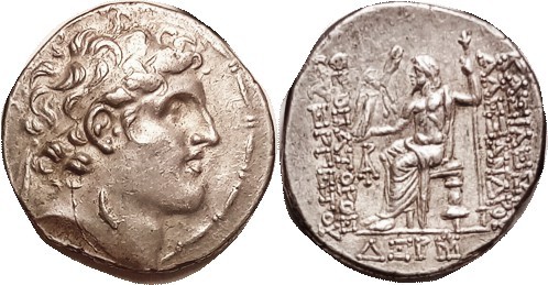 Alexander I, 150-145 BC, Tet, Head r/Zeus std l, hldg Victory, monogram in left ...