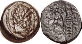 Demetrios II, 2nd reign, 129-125 BC, Æ17, Zeus head r/ Nike adv l; VF, glossy dark greenish-brown patina, head well detailed, rev crude & wk on left s...
