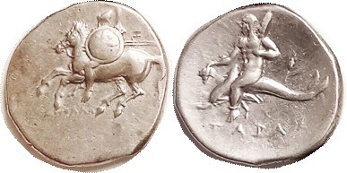 Nomos, 280-272 BC, Horseman with big shield left/Taras on dolphin left, hldg gra...