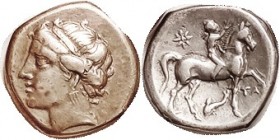 Campano-Tarentine, Nomos, 281-228 BC, Diademed head of Satyra l./Youth on horse r, star above, dolphin below, Vlas. 1036; Nice VF, centered, excellent...
