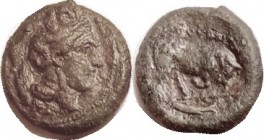 THOURIOI, Æ21, c.325-300 BC, Athena head r, Skylla on helmet, bull butting r, fish below, HN Italy 1918; AVF/F, centered on thick flan, green-brown pa...