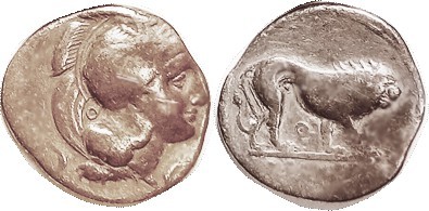 VELIA, Nomos, 350-281 BC, Athena hd r, griffin on helmet, O behind/lion r, Theta...