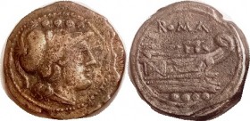 STRUCK, Triens, 211-206 BC, Minerva bust r, 4 pellets above/prow r, 4 pellets below; Cr.56/4; Nice AVF, centered on large flan, lt tan-brown, only min...