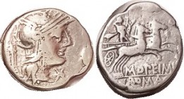 M. Opeimius, 254/1, Sy.475, Roma head r, tripod behind/ Apollo in biga r; F, centered, bright metal, a bit obviously cleaned. (A VF sold for $285, Ber...