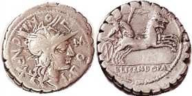 L. Pomponius, 282/4, Sy.522, Roma head r/Gallic warrior in biga r; serrate issue; F, nrly centered, good bright silver, everything clear. (A F realize...