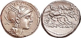 Mancinus, Pulcher & Urbinus, 299/1b, Sy.570a, Roma head r/Victory in tricycle; Nice EF, practically as struck, nrly centered, rev sl high; excellent m...