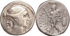 L. Valerius Flaccus, 306/1, Sy.565, Victory bust r/Mars stg l, with trophy, betw flamen's cap & grain ear; F-VF/F, nrly centered, good metal, bright f...