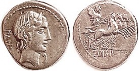 C. Vibius Pansa, 342/5b, Sy.684, Apollo head r/Minerva in quadriga r; VF, a little off-ctr, decent strike, good bright metal. (A VF sold for $211 in m...