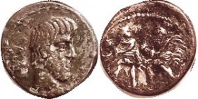 L. Titurius Sabinus, 344/1b, Sy.698a, Tatius head r/Rape of the Sabine women; VF, fourree, obv mostly grainy bronze with traces of silver, rev silver ...