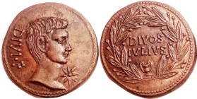 DIVUS JULIUS Caesar, Sest, His head r/lgnd in wreath, COPY, struck, EF+, reddish-brown tone, high relief, a nicely made piece.