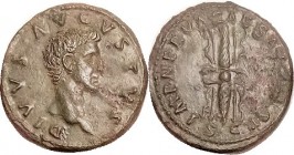 Posthumous As, by Nerva, bare head r/winged thunderbolt; RIC 130; AEF for wear, obv perfectly centered, rev nrly so; dark greenish patina; sl obv roug...
