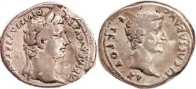 AUGUSTUS & TIBERIUS, Den, Laur head r/Bare head r, RIC 226; F+ for wear, centered with full lgnds, but obv edge flaw & a little buckled; feeble ding o...