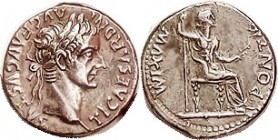 TIBERIUS, Den, PONTIF MAXIM, Livia std r; AEF, centered with lgnds complete, good metal with lt tone, sharp portrait of good style."Tribute Penny of t...