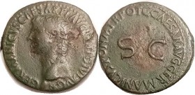 GERMANICUS, As, under Caligula, Bust left/SC in lgnd; F-VF/VF, obv lgnd complete, tops of some lettering off at rev left; dark green patina; minor por...