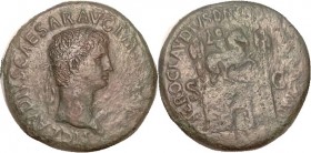 Sest, NERO CLAVDIVS DRVSVS etc, Figure on horse betw standards atop arch; F/VG, dark green-brown patina, sl uneven coloration with lt roughness & smoo...
