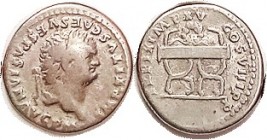 As Augustus, Den, TRP IX IMP XV COS VIII PP, wreath atop 2 curule chairs; F, nrly centered, full lgnds, good bright metal, problem-free. (A GF brought...