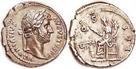 HADRIAN, Den, COS III, Annona std l, with modius; EF/VF-EF, nrly centered on sl ragged flan, good metal with lt tone, lovely portrait. (Same variety, ...