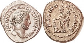 Den, PROVIDENTIA AVG, Annona stg at modius; Choice EF, virtually mint state, centered on a large unround flan, bright lustrous silver, very sharp port...