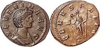 SEVERINA, Denarius, VENVS FELIX, Venus stg l, Gamma below; AEF, sl egg-shaped fl...