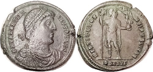 VALENTINIAN I, Æ1, RESTITVTOR REIPVBLICAE, Ruler stg w/labarum & victory, SMN-Ga...