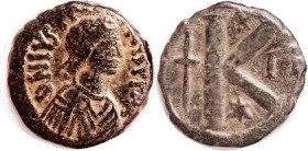 JUSTIN I, 1/2 Follis, S69, Bust r/Large K, offic. Gamma; F, obv sl off-ctr, dark patina with orangy hilighting. (Same variety, GVF, described as rare,...
