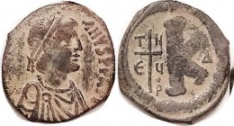JUSTINIAN I, 1/2 Follis, S226, Bust r/Large K, THEUOP in cross at left, Offic Delta; F+, obv lgnd off at left, smooth dark patina with strong orangy h...