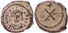 TIBERIUS II, 10 Nummia, S-436, Facg bust/cross above X in circle; VF, sl off-ctr but complete, strongly contrasting dark green & earthen patina, few s...