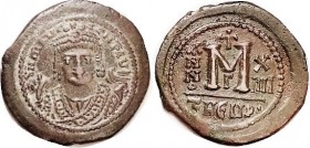 Follis, S533, Facg bust/Large M, THEUP•, ANNO XIIII-Gamma; AVF/VF-EF, centered on an oversized flan, greenish-brown patina with some pale green hiligh...
