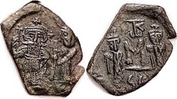 CONSTANS II, Follis, S-1110, 2 figures/2 figures flanking M; Syracuse; VF, nrly centered on elongated clipped flan, dark greenish patina; Constantine ...