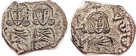 CONSTANTINE V, Fol, S1569, VF-EF, nrly centered on the usual smallish oblong flan, but larger than usual; sage green patina; all 3 portraits quite str...